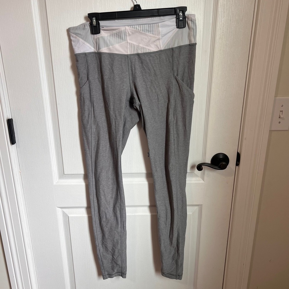 Lululemon Heathered Grey Athletic Leggings with Geometric Waistband‎ Pockets 10